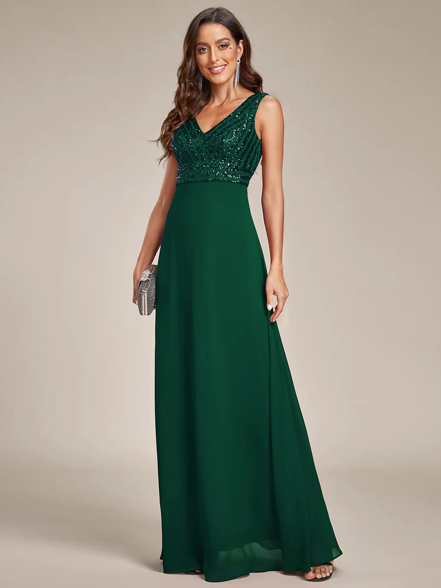 Sleeveless VNeck Sequin & Chiffon Wholesale Evening Dresses