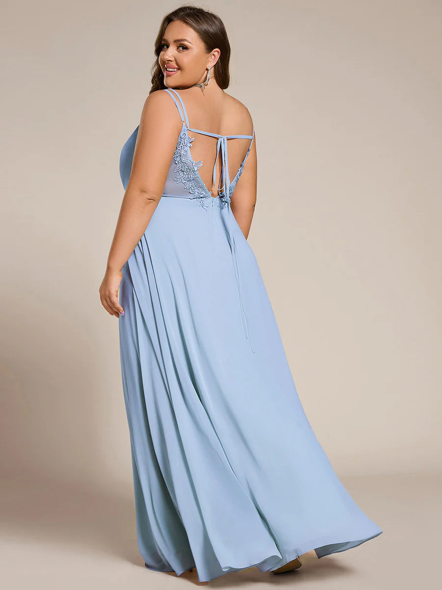Plus Size Sleeveless V-Neck Appliques A-Line Floor Length Bridesmaid Dresses