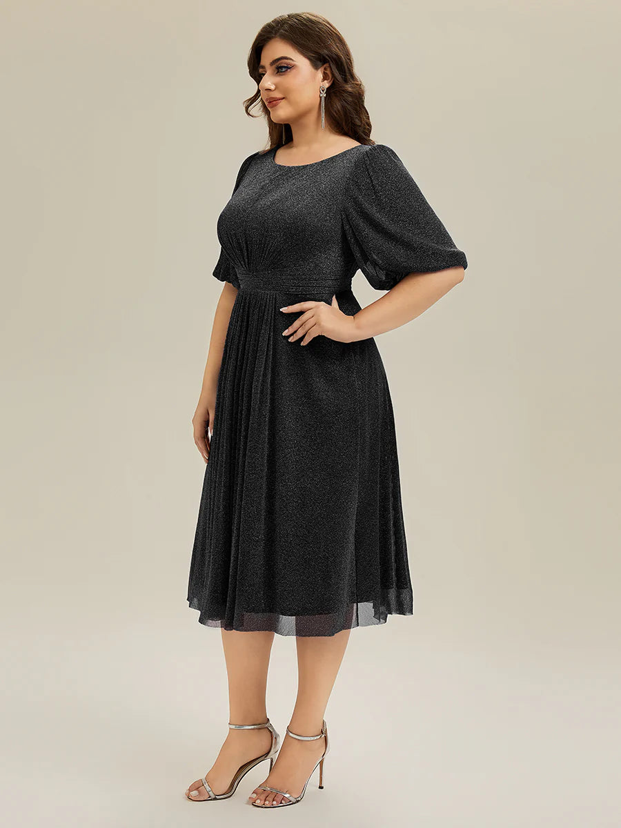 Half Sleeve Gathered A-Line Midi Length Wedding Guest Dresses