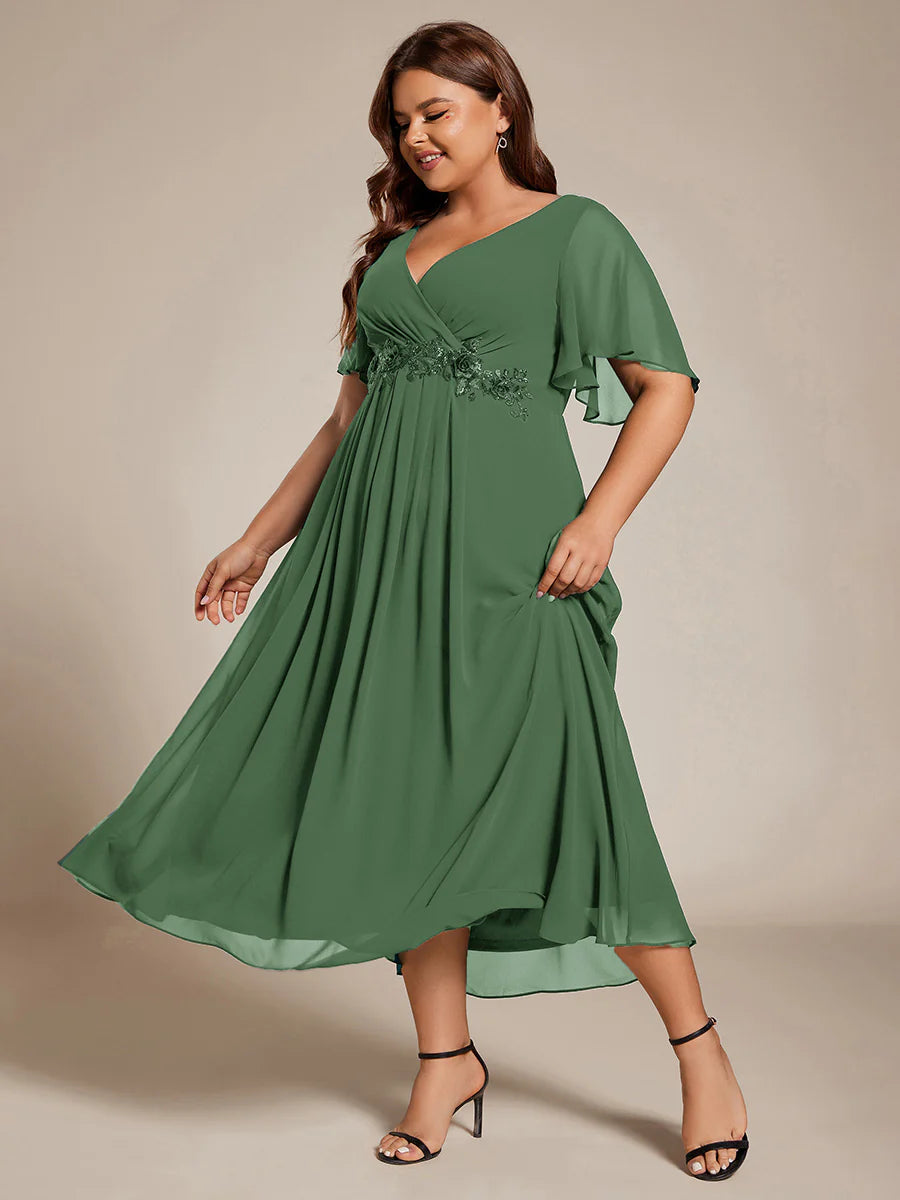 Applique V Neck Tea Length Wedding Guest Dress With Short Sleeves