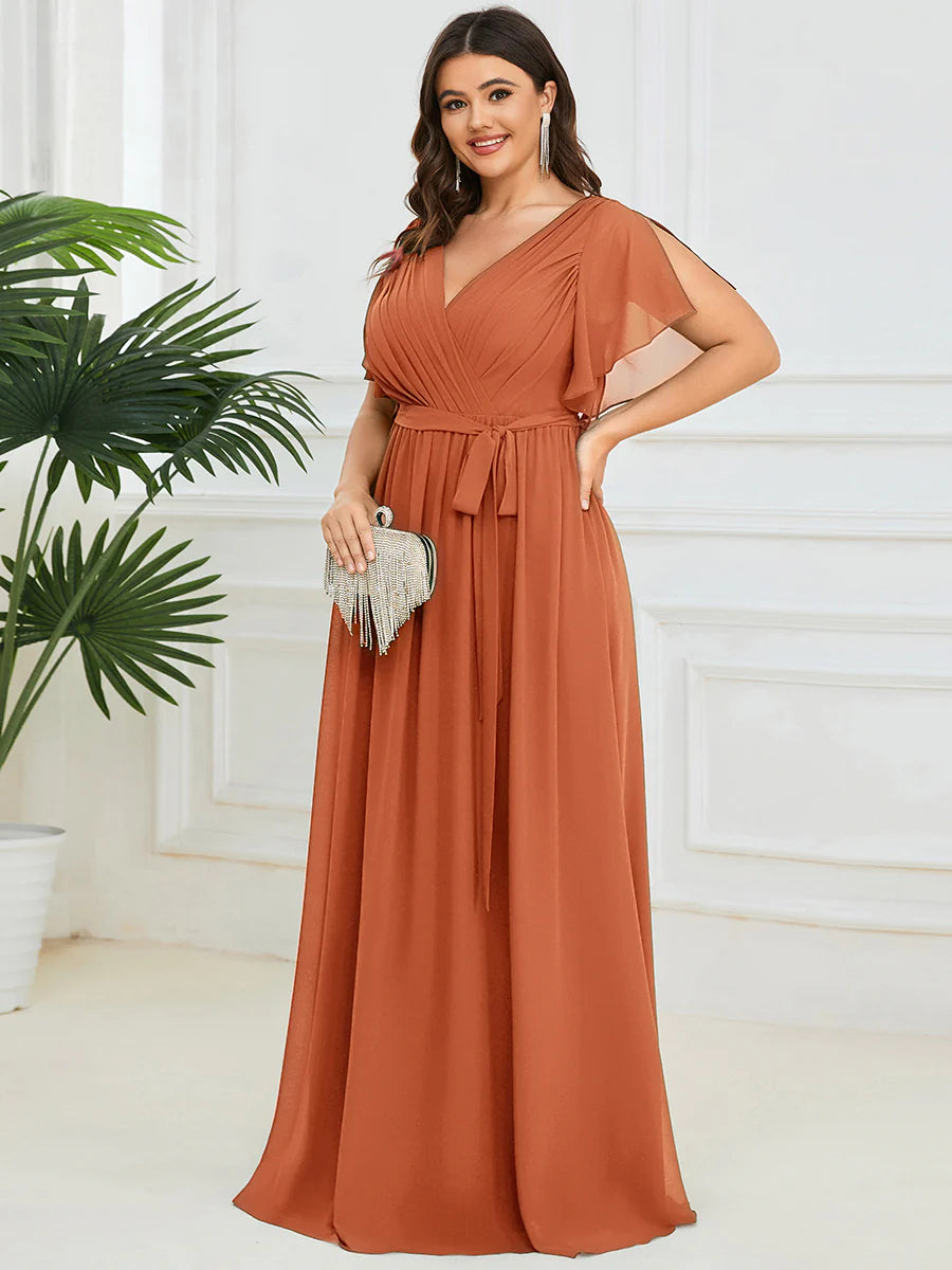 Short Sleeve Ruffle Deep V-Neck A-Line Floor Length Evening Dresses