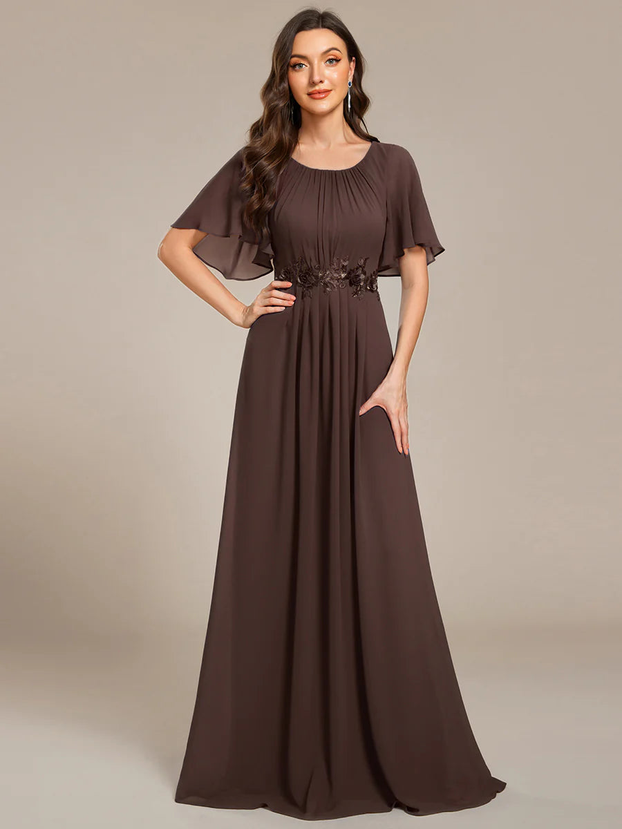 Short Sleeves Pleated Applique A-Line Floor-Length Formal Evening Dress