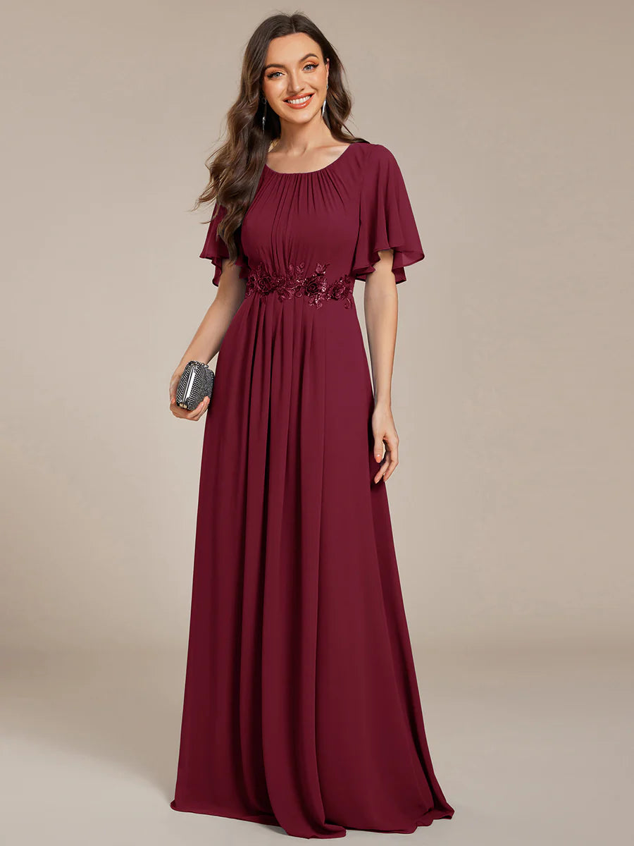 Short Sleeves Pleated Applique A-Line Floor-Length Formal Evening Dress