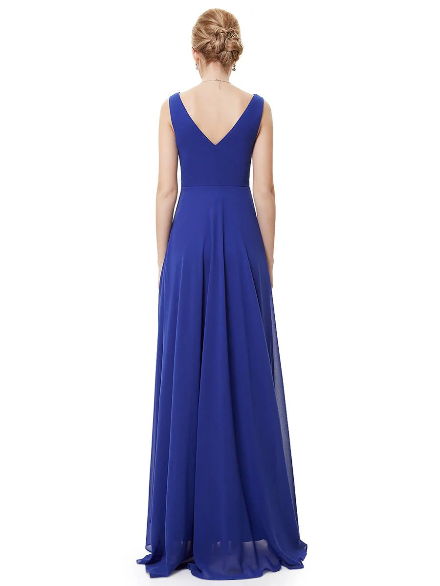 Double V Neck Rhinestones Ruched Bust High Low Evening Dresses