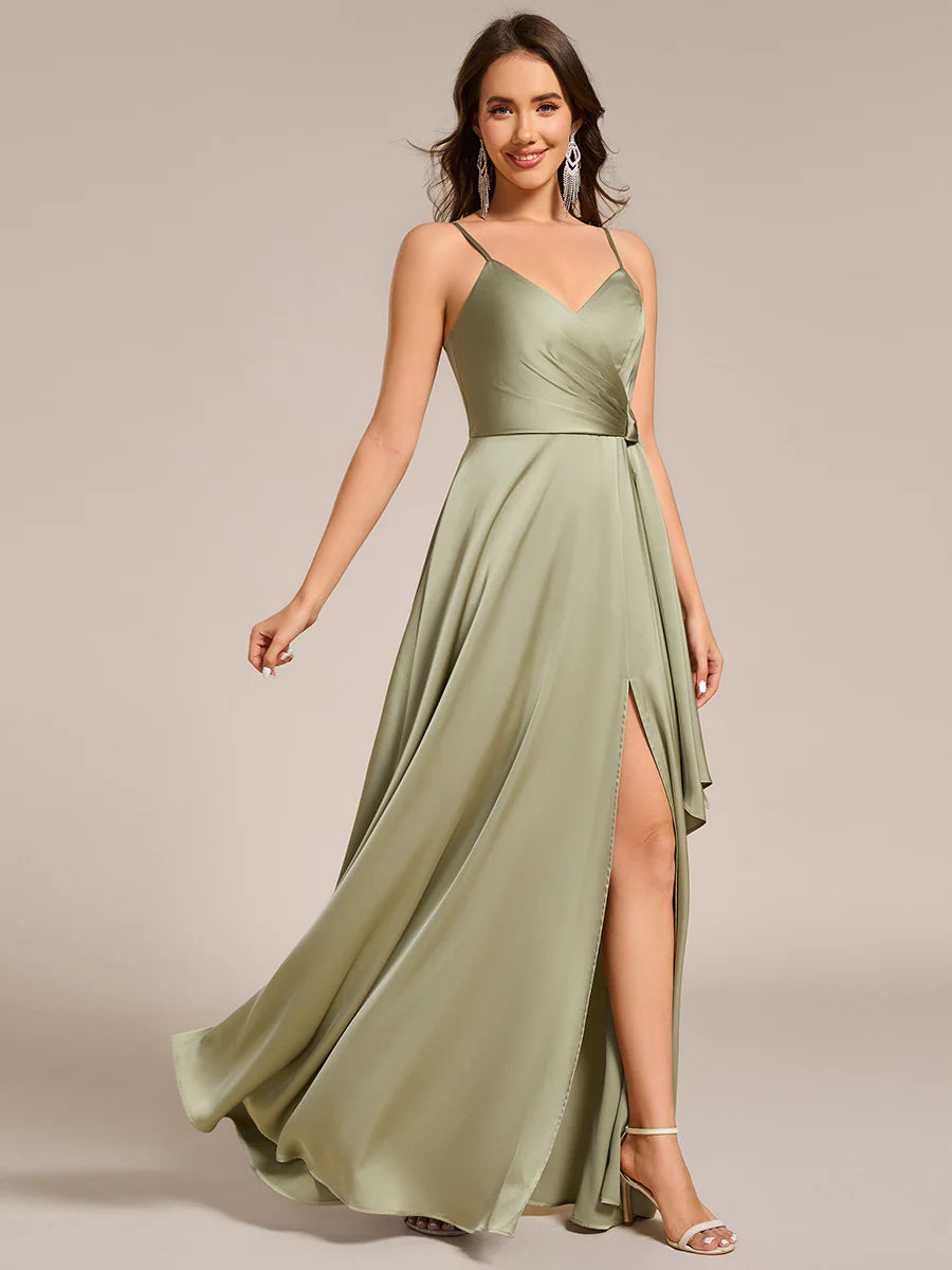 Elegant Floor-Length Spaghetti Straps Split Satin Bridesmaid Dress with Streamer