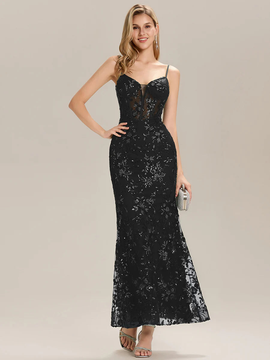 Sleeveless Deep V-Neck Backless Sequin Fishtail Evening Dresses