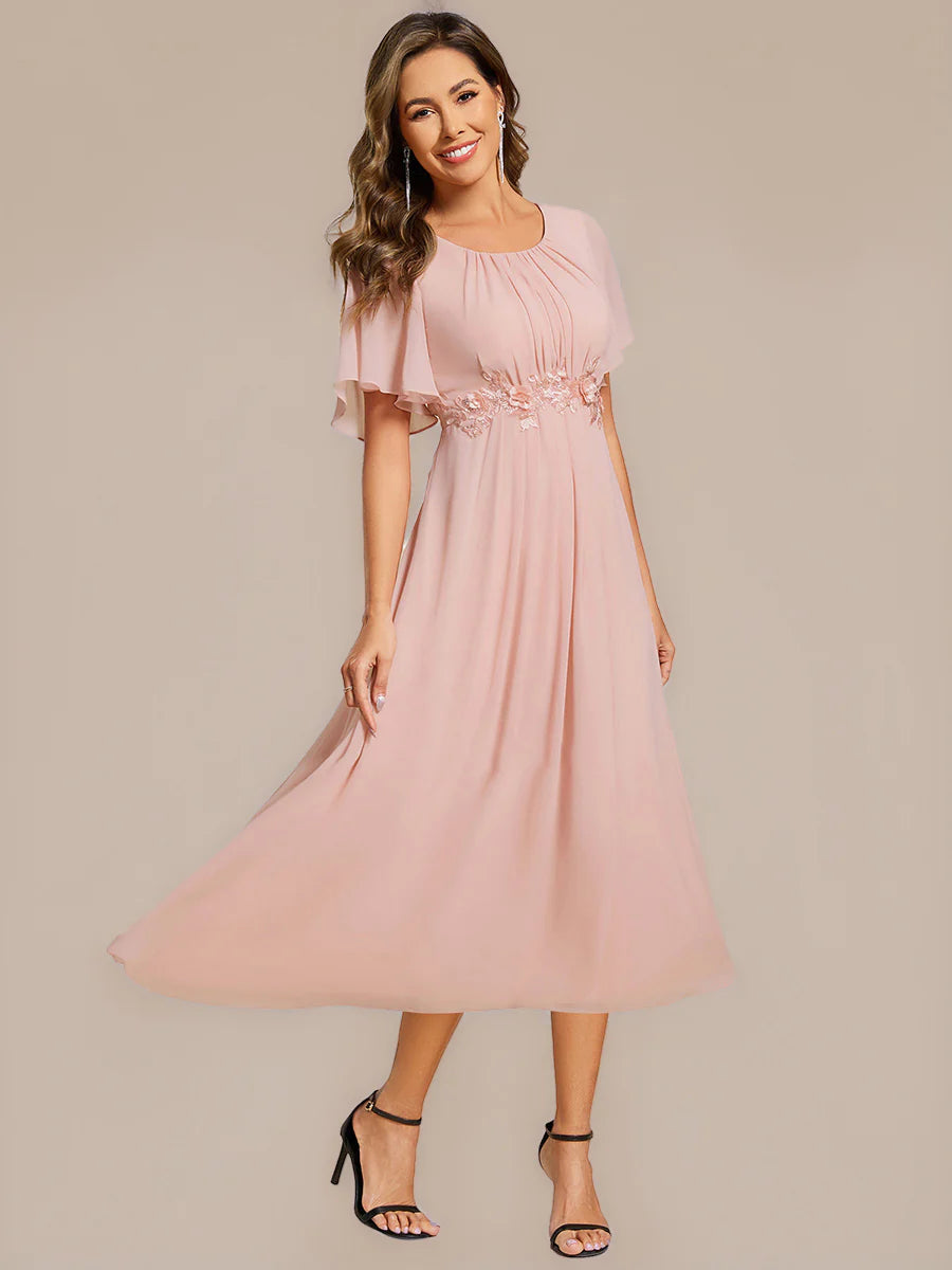 Commercial Wholesale Short Sleeve Ruffle A-Line Midi Dress with Floral Appliques Evening Dresses