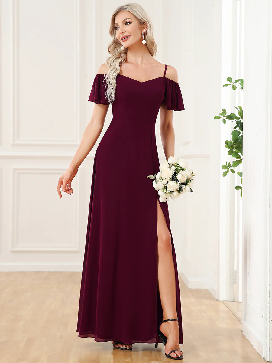 Wholesale High Split Chiffon Bridesmaid Dress With Spaghetti Straps