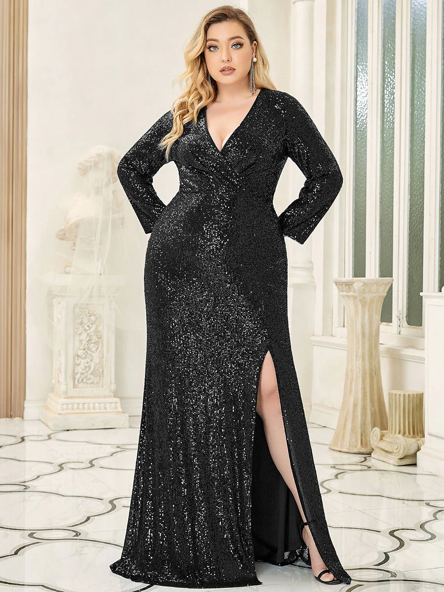 Shiny V Neck Plus Size Sequin Wholesale Evening Party Dress