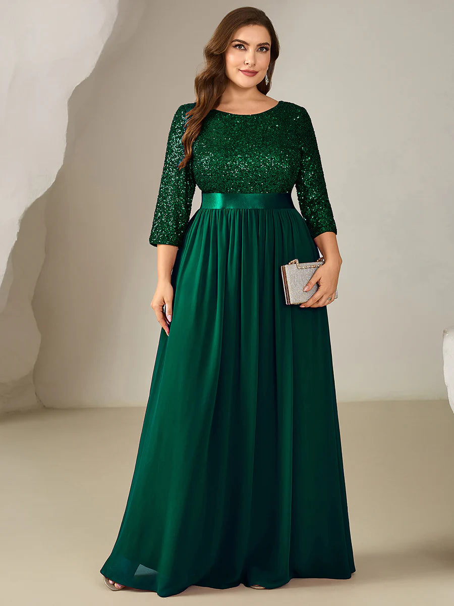 3/4 Sleeve Sequin Patchwork A-Line Floor Length Evening Dresses