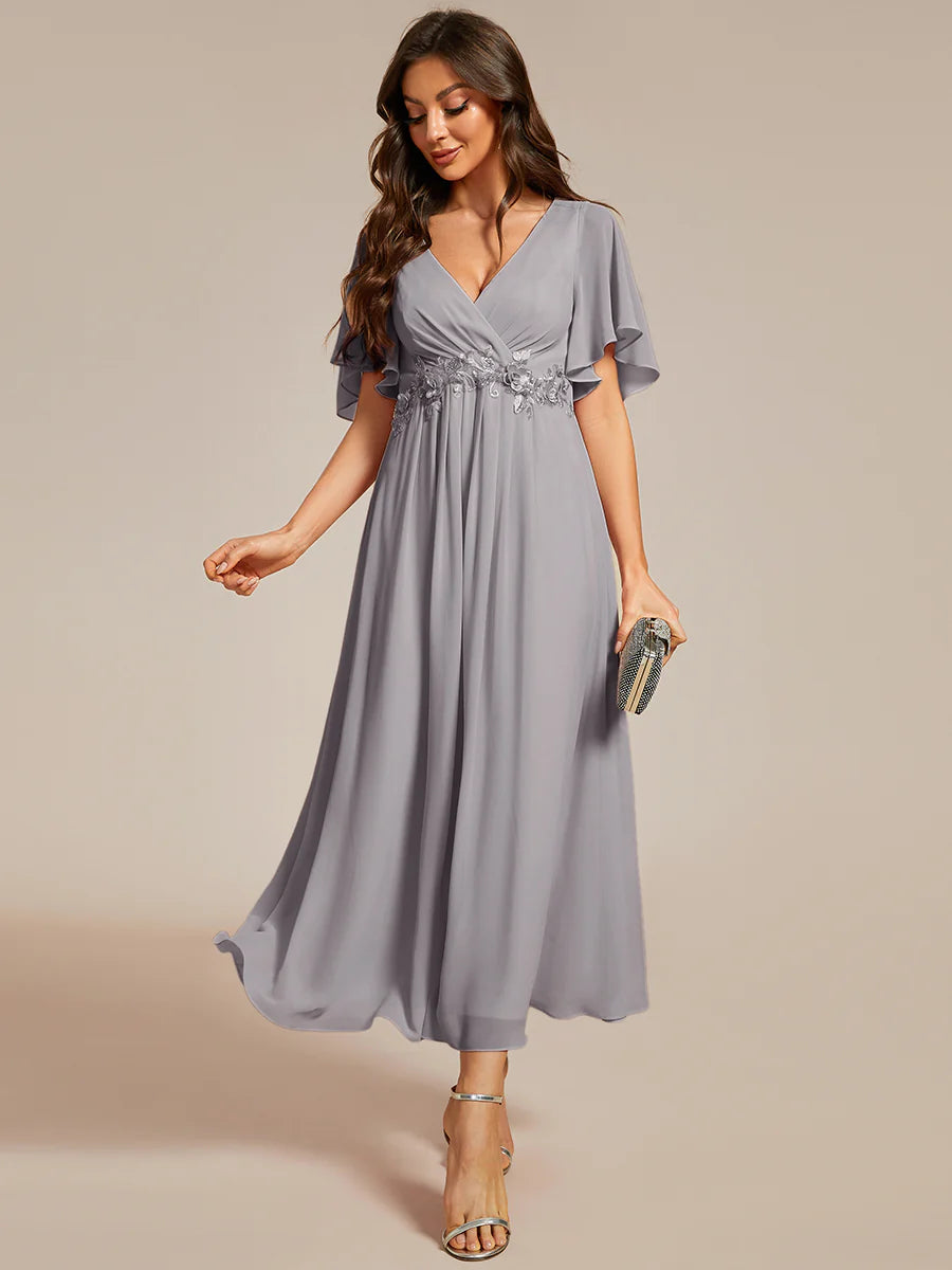 Applique V Neck Tea Length Wedding Guest Dress With Short Sleeves