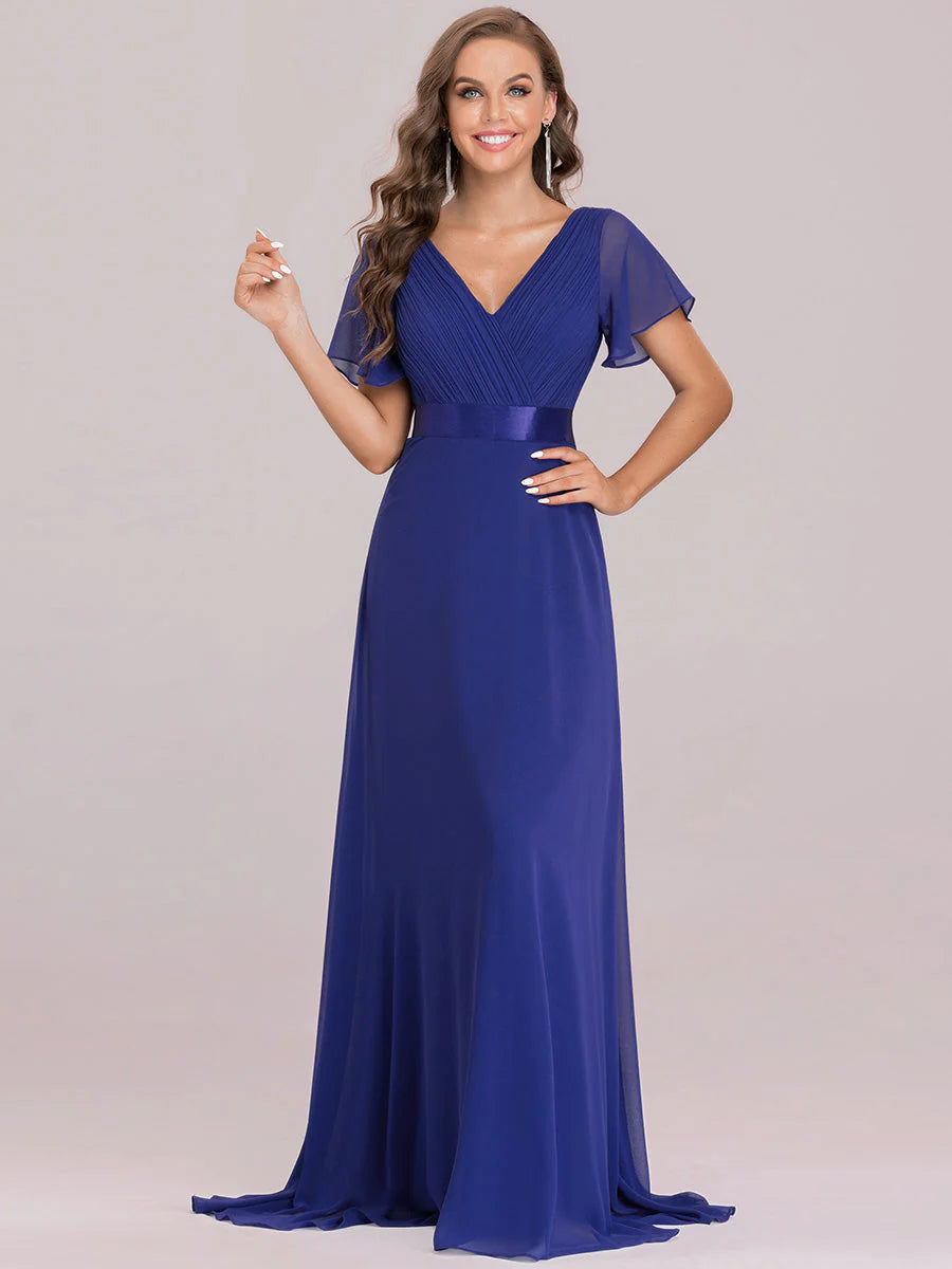 Glamorous Double V-Neck Ruffles Padded Wholesale Chiffon Evening Dresses