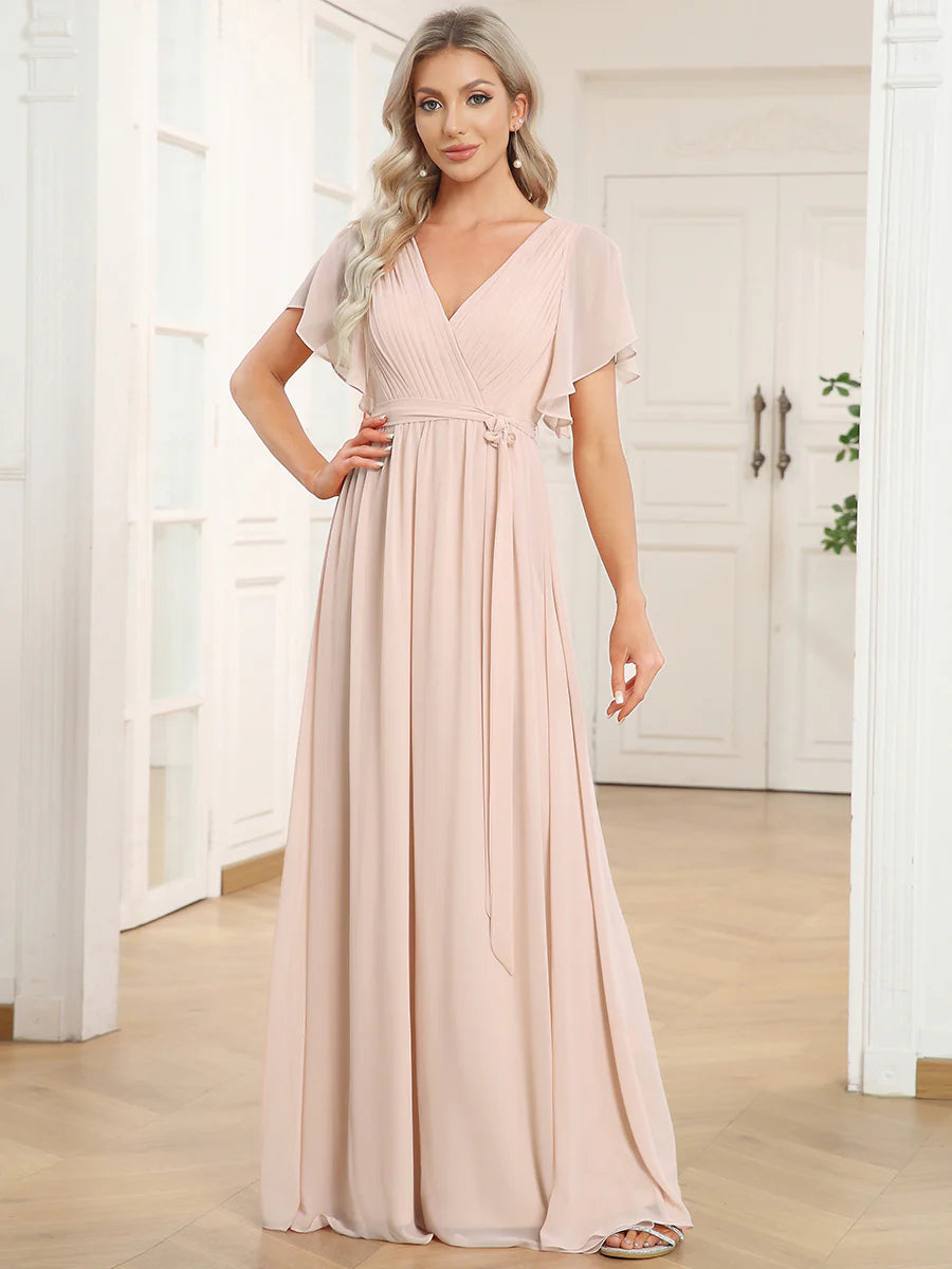 A Line Wholesale Evening Dresses with Deep V Neck Ruffles Sleeves