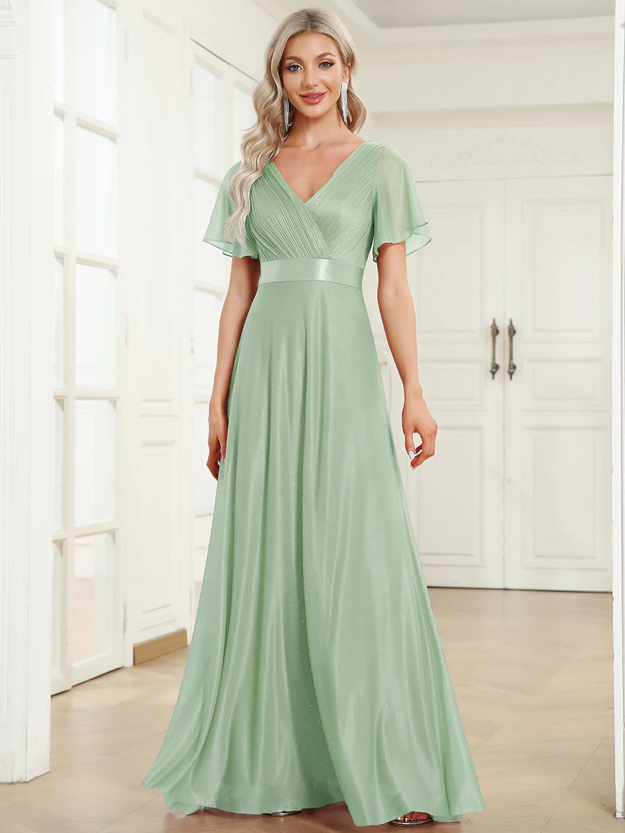 Deep V Neck Ruffles Sleeve A Line Wholesale Evening Dresses