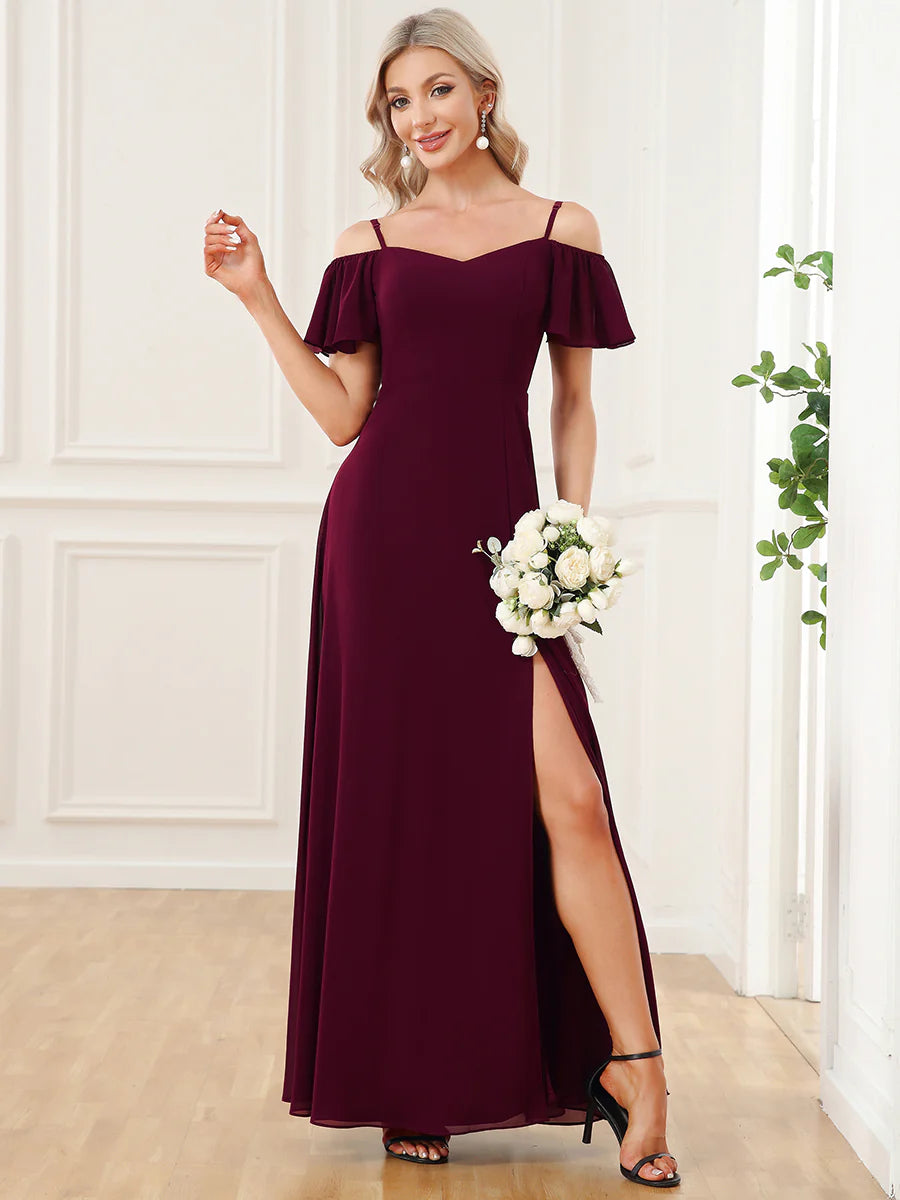 Wholesale High Split Chiffon Bridesmaid Dress With Spaghetti Straps