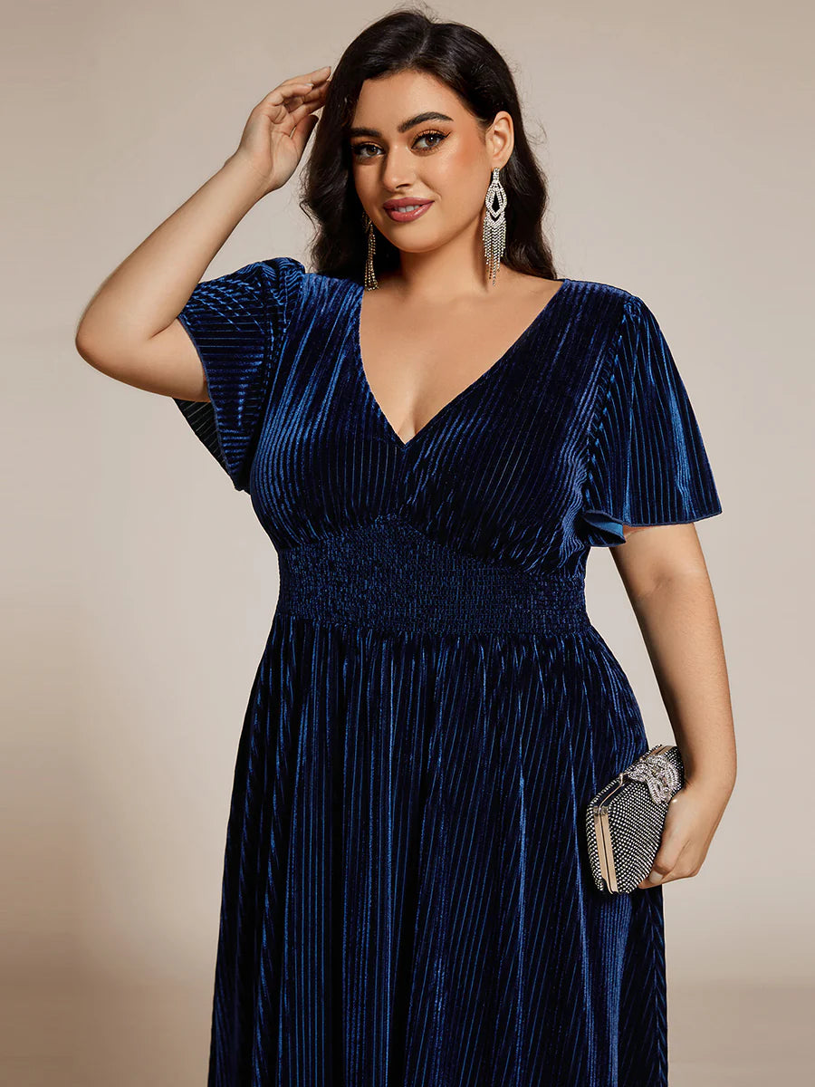 Plus-Size-V-Neck Tea Length Velvet Wedding Guest Dresses