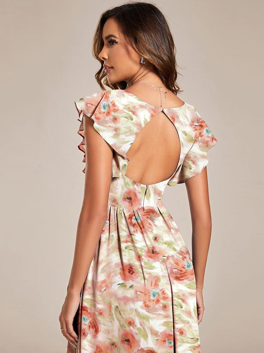 Ever LILYANA|Floral V-Neck Open Back Ruffled Sleeves Chiffon Bridesmaid Dress