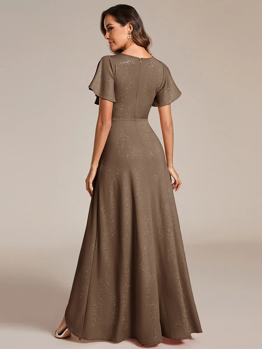 Shiny Tea Length Split Wholesale Evening Dresses With Ruffle Sleeves