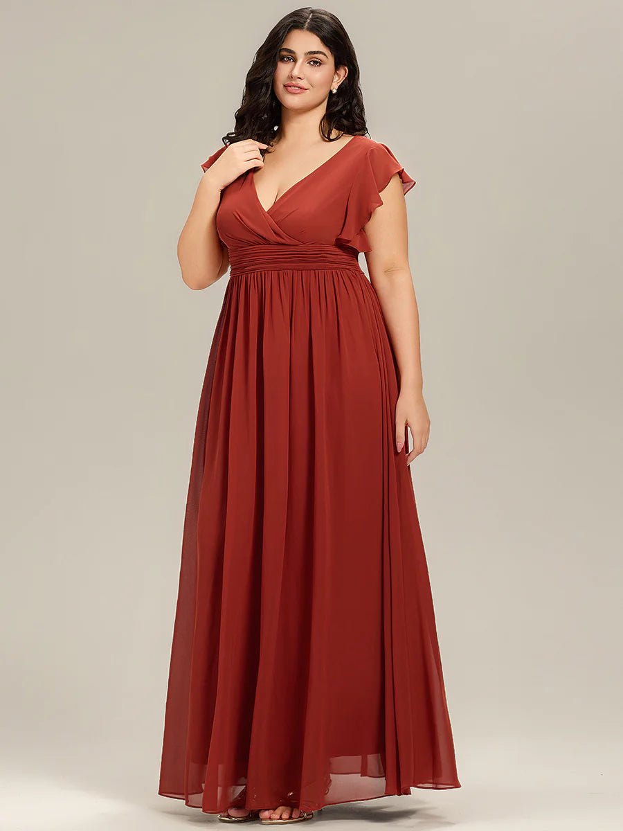 Plus V Neck Pleated Belted Ruffles Wholesale Bridesmaid Dresses