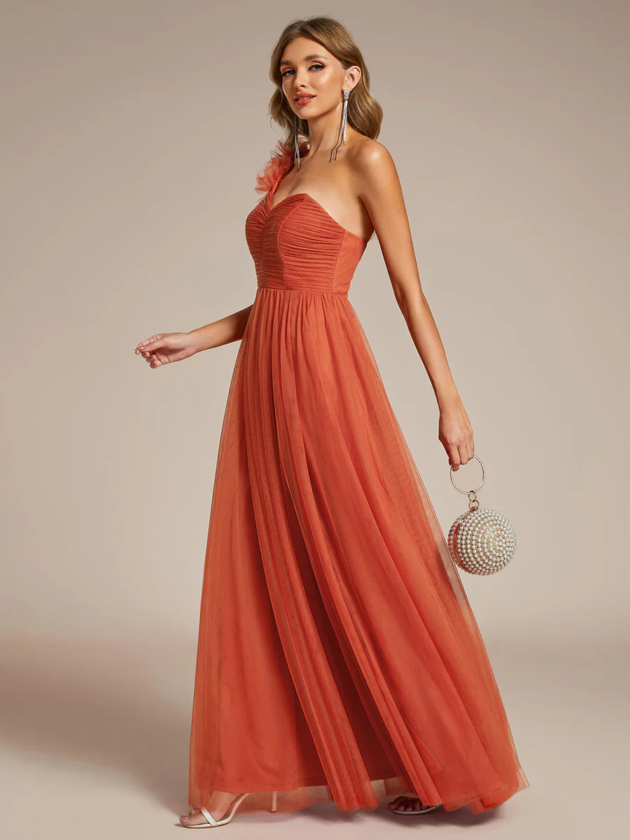 Pleated Backless One Shoulder Split Tulle Wholesale Bridesmaid Dresses
