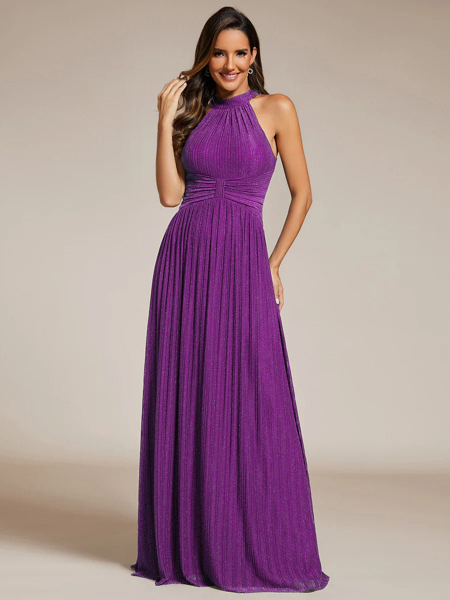Glittery Halter Neck Pleated Formal Wholesale Evening Dress
