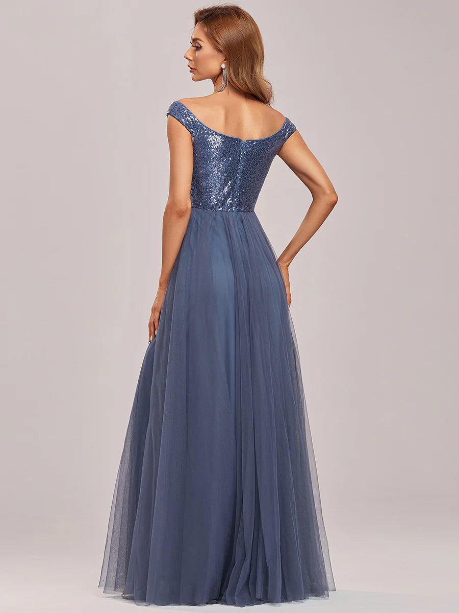 Wholesale Off Shoulder Tulle & Sequin Sleeveless Evening Dress