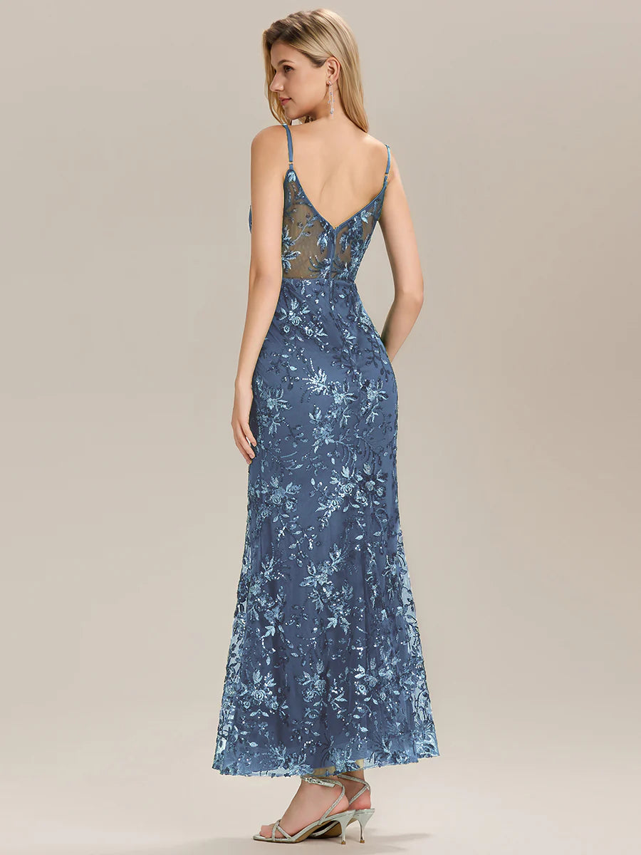 Sleeveless Deep V-Neck Backless Sequin Fishtail Evening Dresses