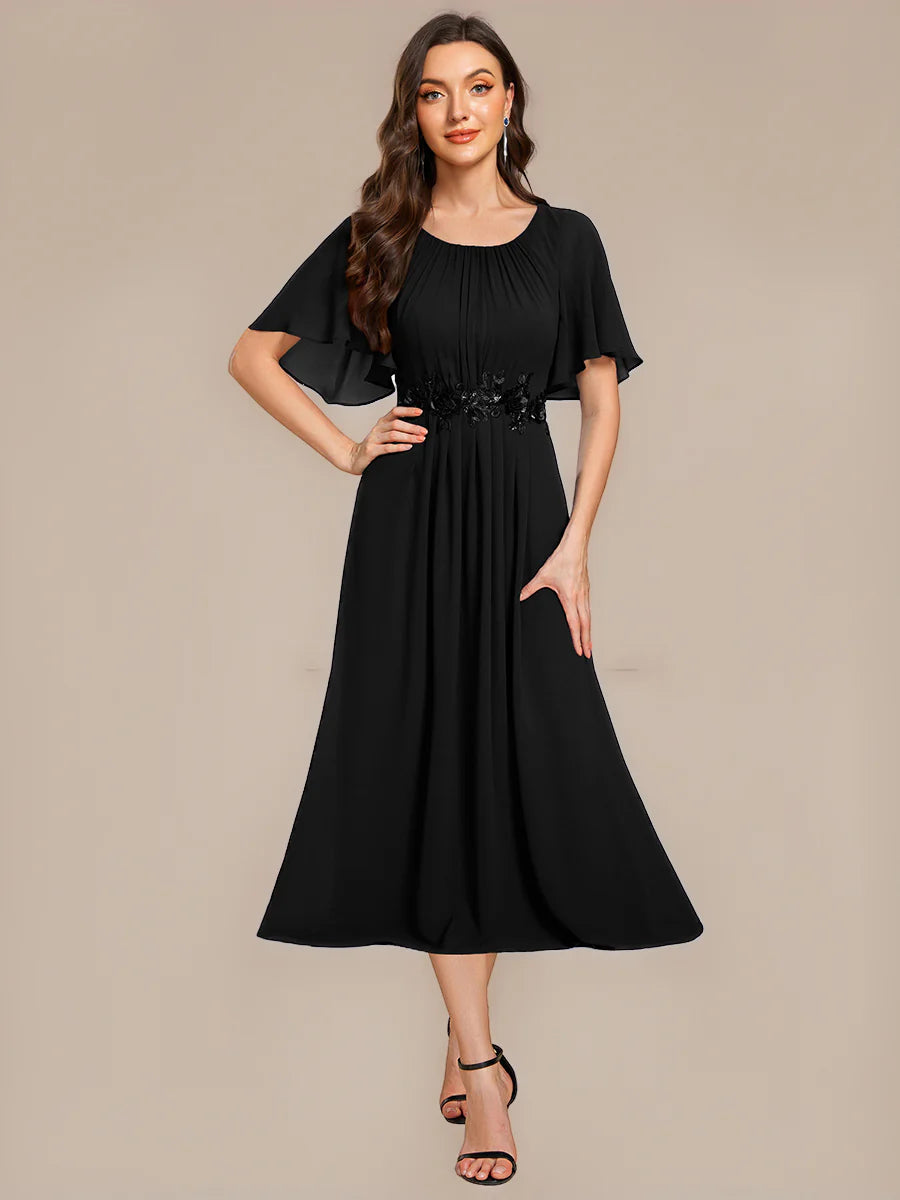 Commercial Wholesale Short Sleeve Ruffle A-Line Midi Dress with Floral Appliques Evening Dresses