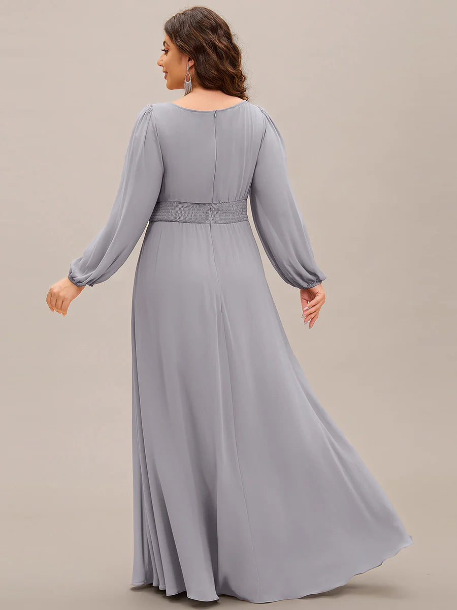 Plus Size Round Neck Wholesale Bridesmaid Dresses with Long Lantern Sleeves