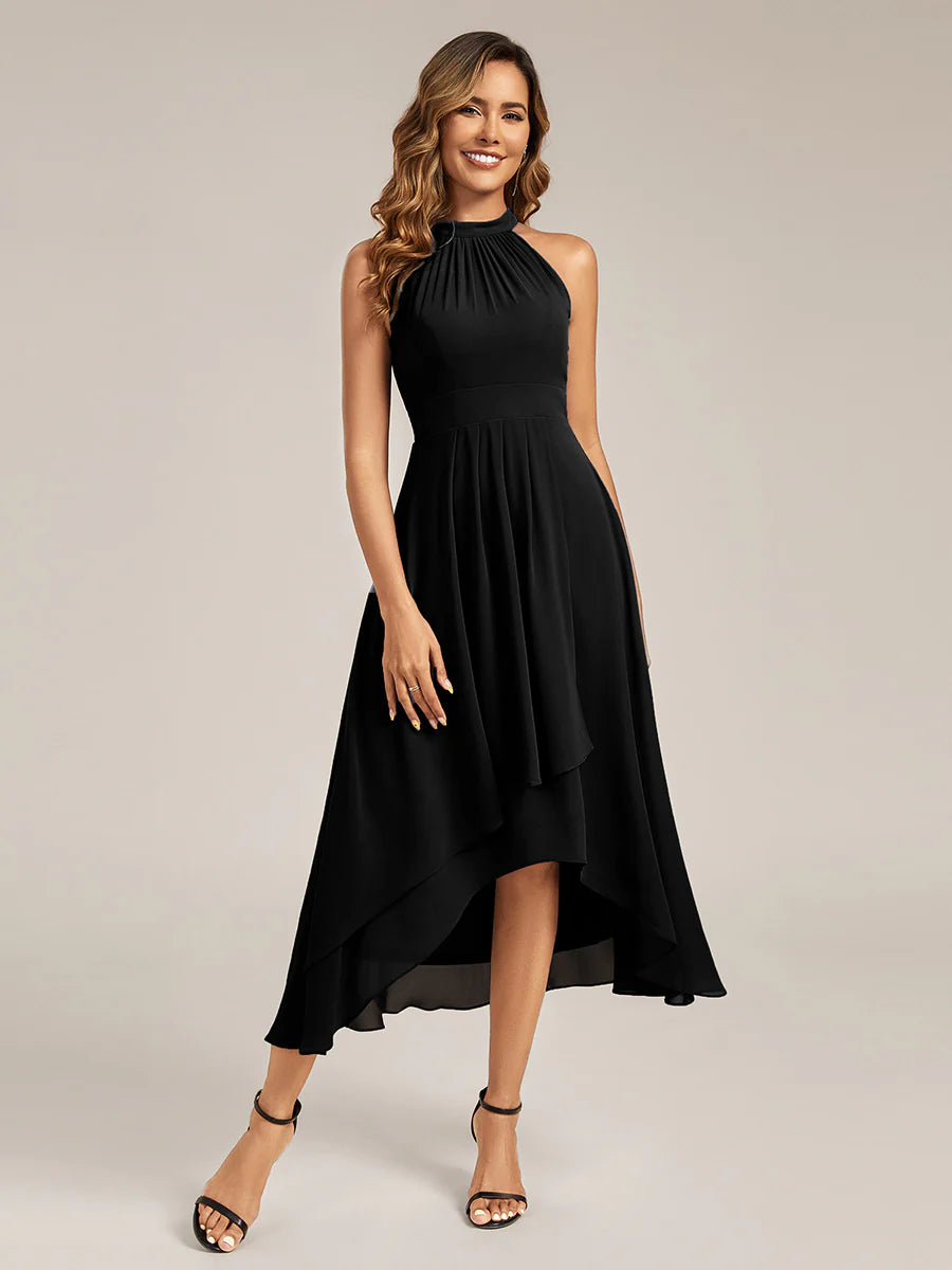Wholesale Sleeveless Halter Neck Gathered A-Line High-Low Wedding Guest Dresses