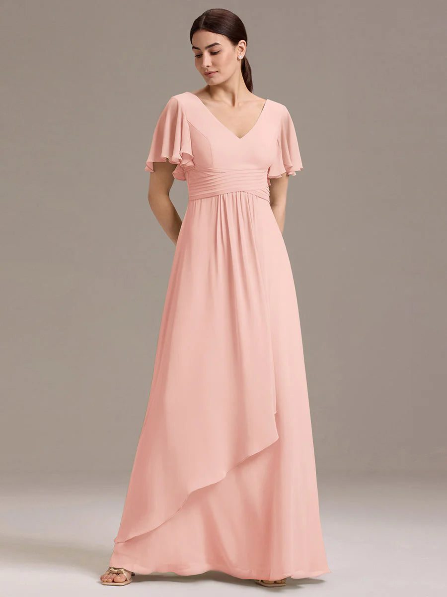 Wholesale | Customizable Double V-Neck Ruffled-Sleeve A-Line Chiffon Dress