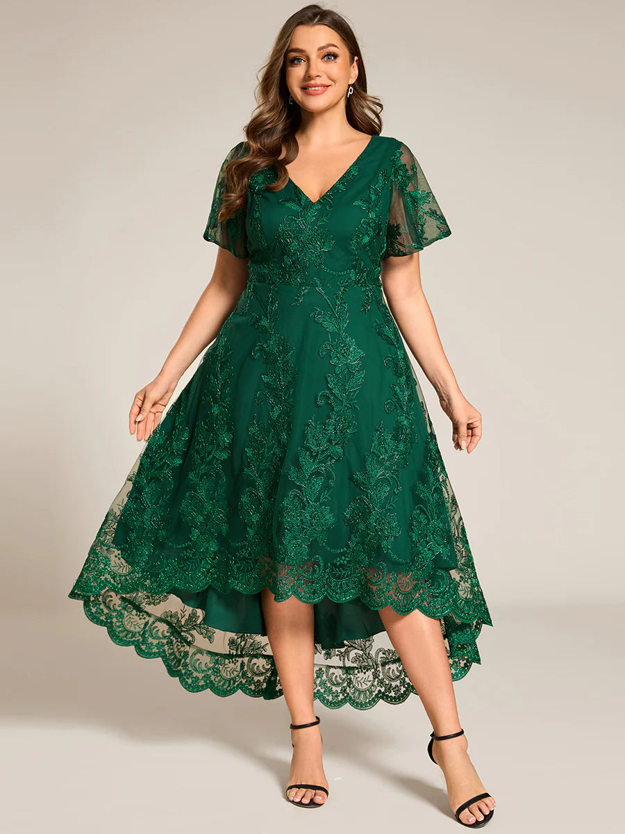 Plus Size Exquisite Embroidery Decoration Short See-through Ruffles Sleeve Lace Wedding Guest Dresses with Asymmetrical Hem