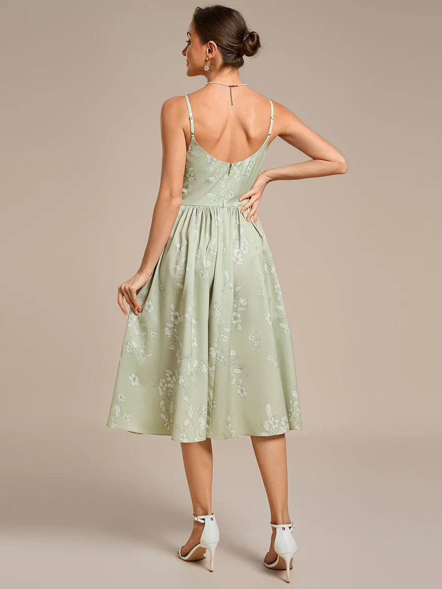 B2B-Exclusive Sleeveless Floral A-Line Square Neck Midi Wedding Guest Dress