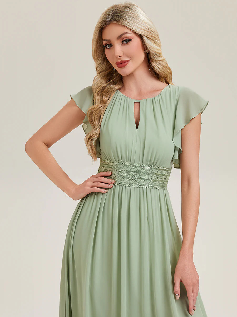Short Sleeve Ruffled Ruched Backless A-Line Floor Length Bridesmaid Dresses