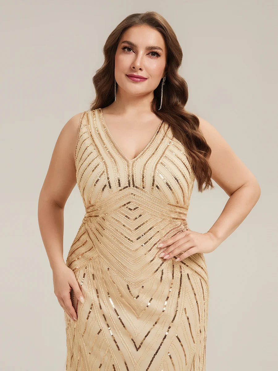 Commercial Wholesale Sleeveless High Stretch Fishtail Beaded V-Neck Evening Dresses