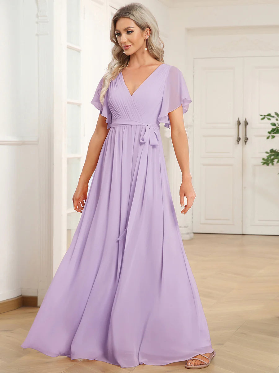 A Line Wholesale Evening Dresses with Deep V Neck Ruffles Sleeves