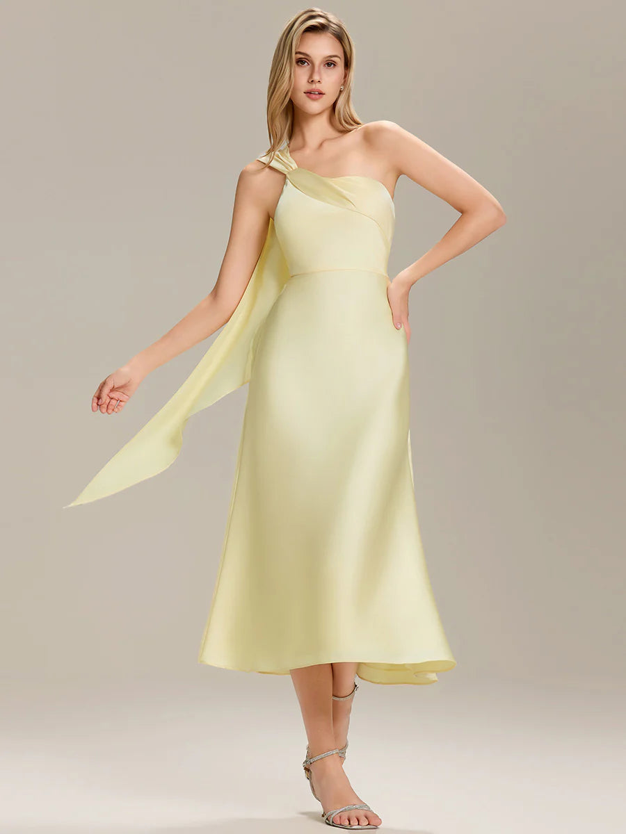 One Shoulder Gathered Non-Stretch Midi Wrap Wedding Guest Dresses