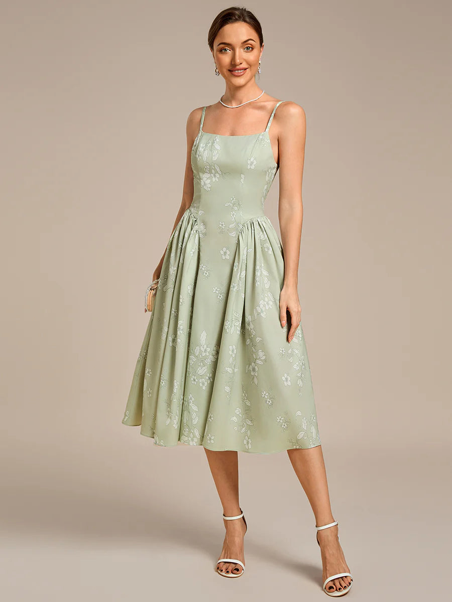 B2B-Exclusive Sleeveless Floral A-Line Square Neck Midi Wedding Guest Dress