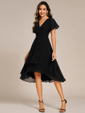 Short Sleeve Ruffled V-Neck Pleated Asymmetrical Midi Wedding Guest Dresses