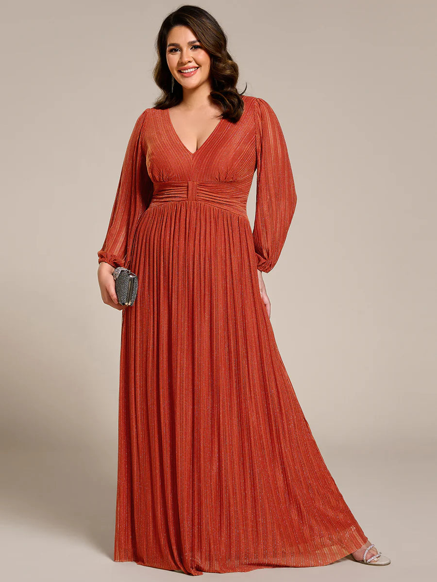 Plus Size Maxi Long Chiffon Waist  V Neck Wholesale Evening Dress with Long Sleeves