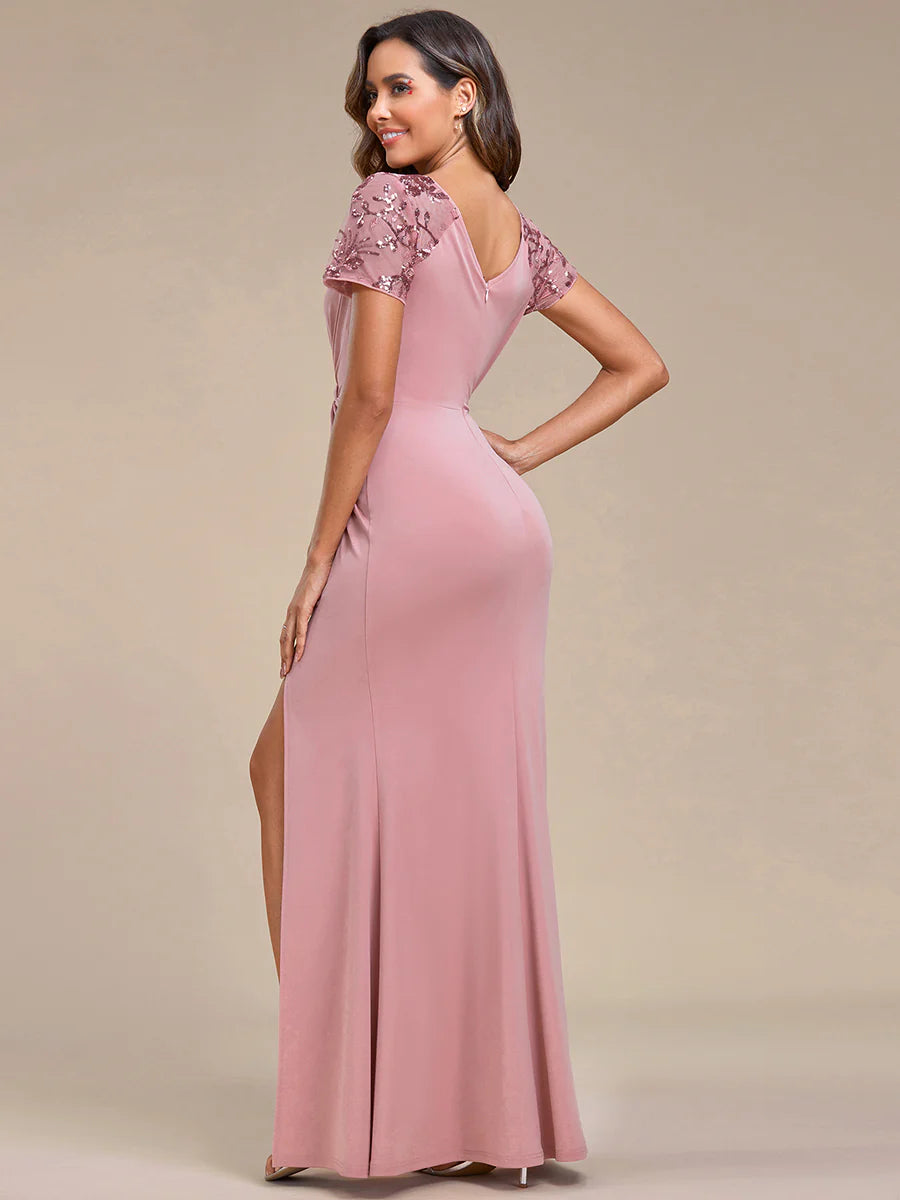 Deep-V Side Split Appliques Ruched Belt Wholesale Evening Dress