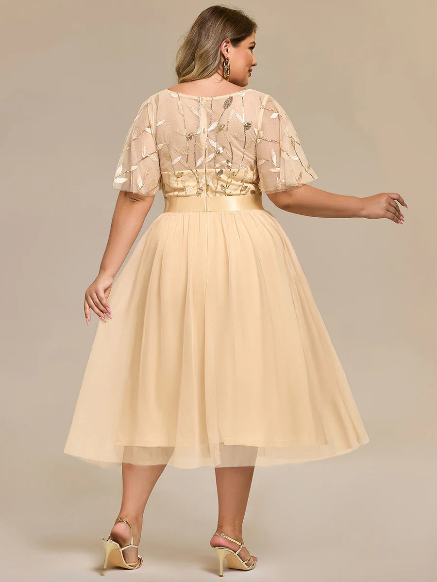 Bulk Order | Plus Size Fit A-Line Deep V-Neck Evening Gown | Ruffled Short Sleeve Midi Dress