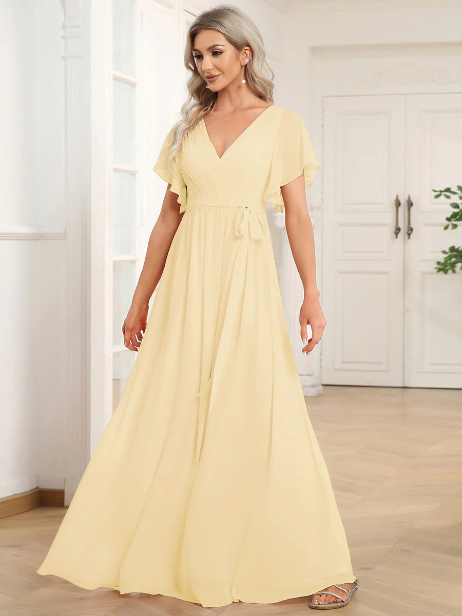 A Line Wholesale Evening Dresses with Deep V Neck Ruffles Sleeves