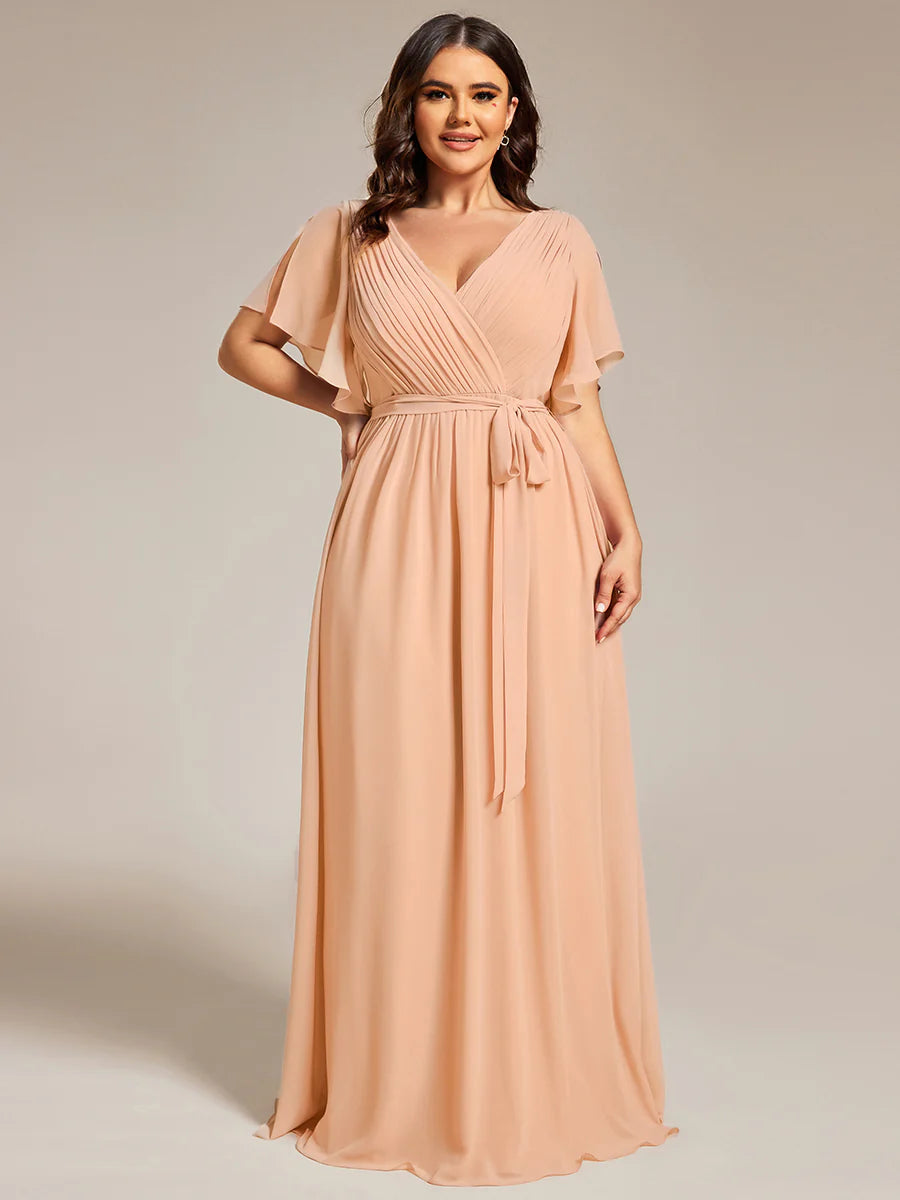 Short Sleeve Ruffle Deep V-Neck A-Line Floor Length Evening Dresses