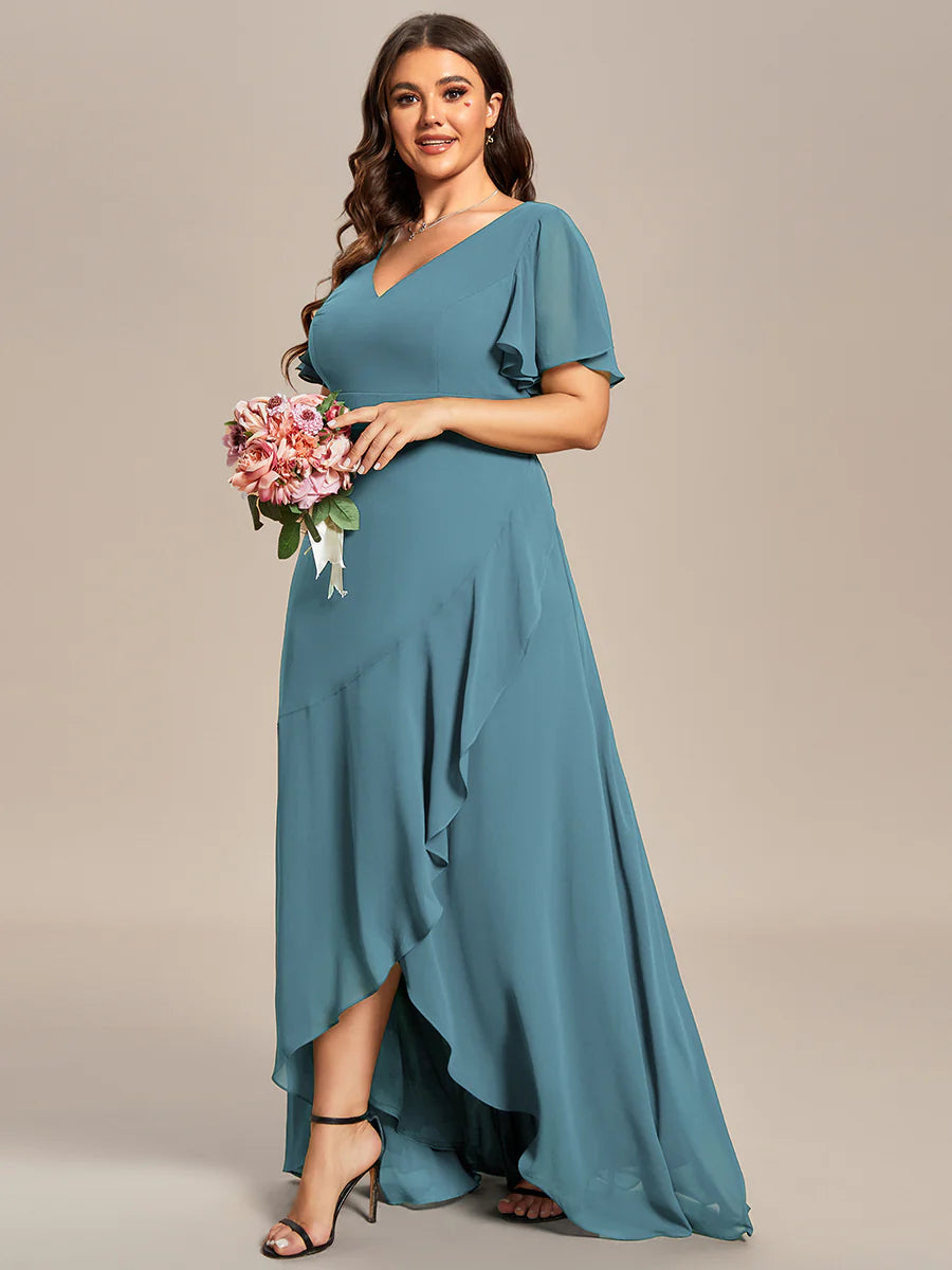 Plus V Neck High Low Ruffles Chiffon Wholesale Bridesmaid Dresses