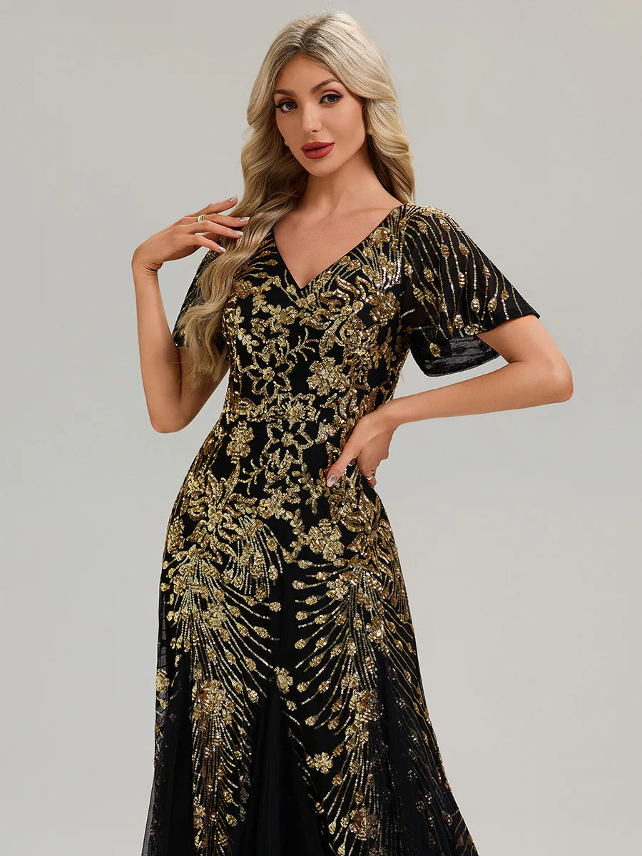 Short Sleeve Ruffle Sequin V-Neck A-Line Maxi Evening Dresses