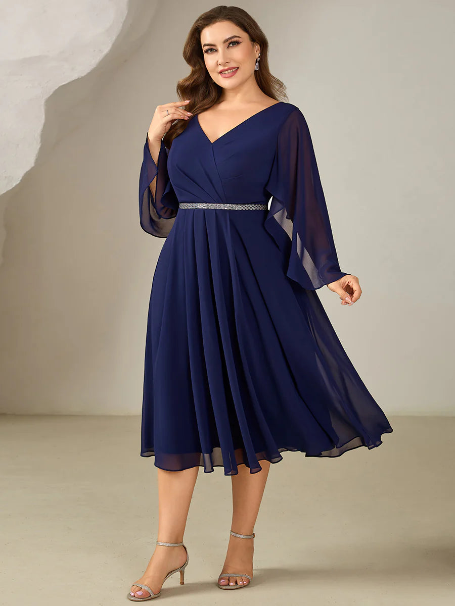 Plus Size 3/4 Sleeve Ruffle Deep V-Neck A-Line Midi Wedding Guest Dresses
