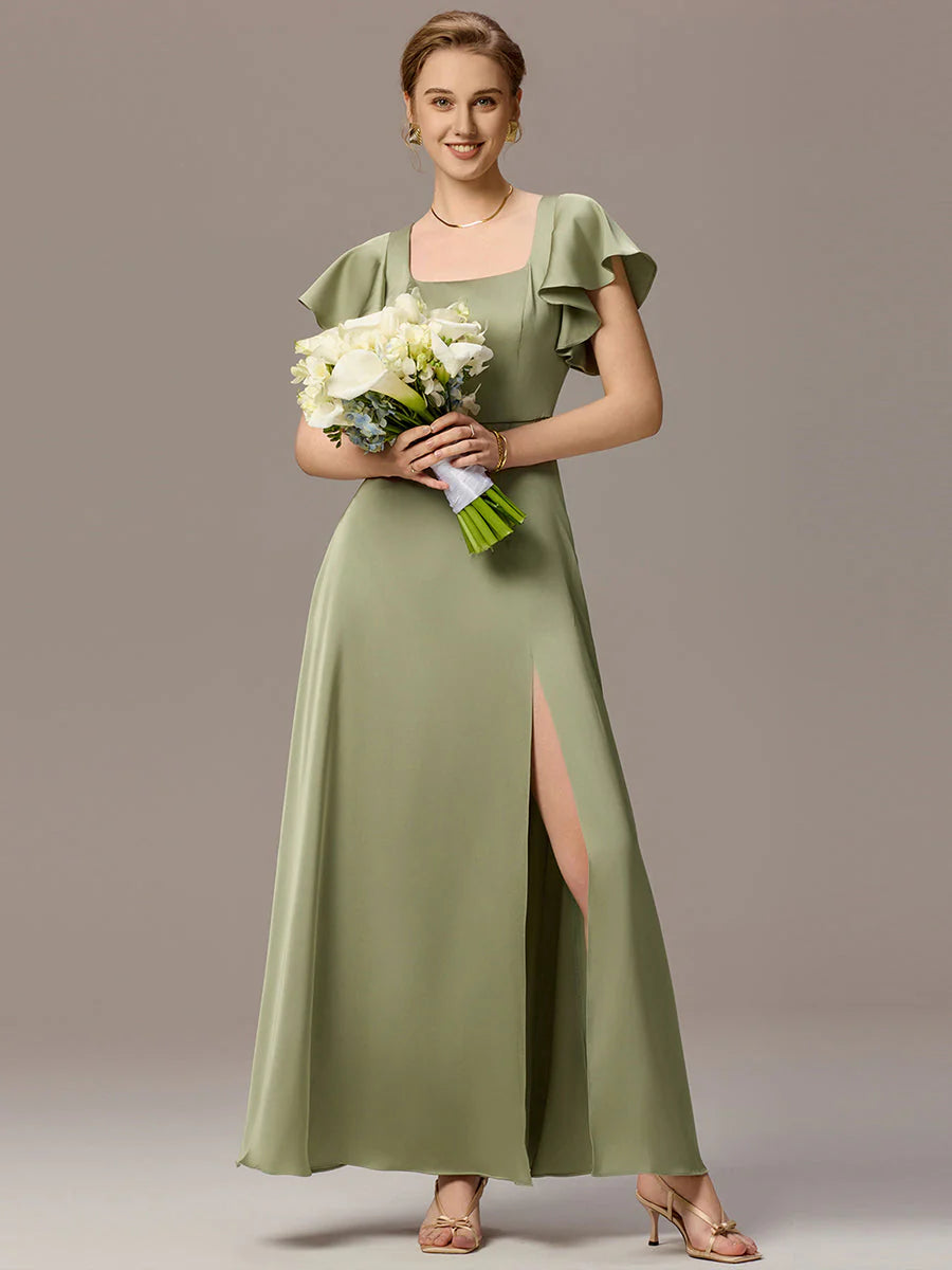 Customized Satin Square Neck Short Sleeve Ruffled Maxi Bridesmaid Dress with Pockets