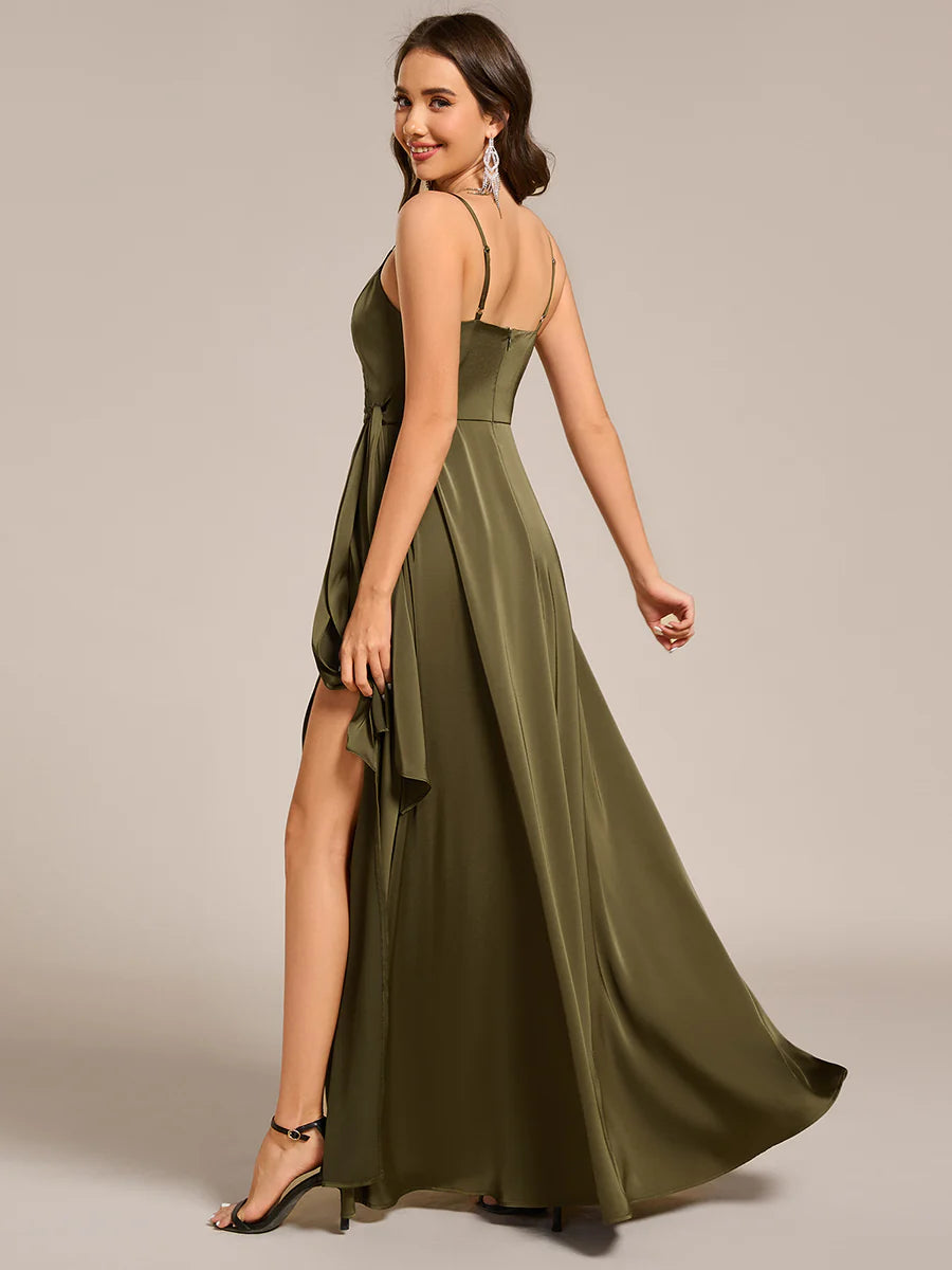 Elegant Floor-Length Spaghetti Straps Split Satin Bridesmaid Dress with Streamer