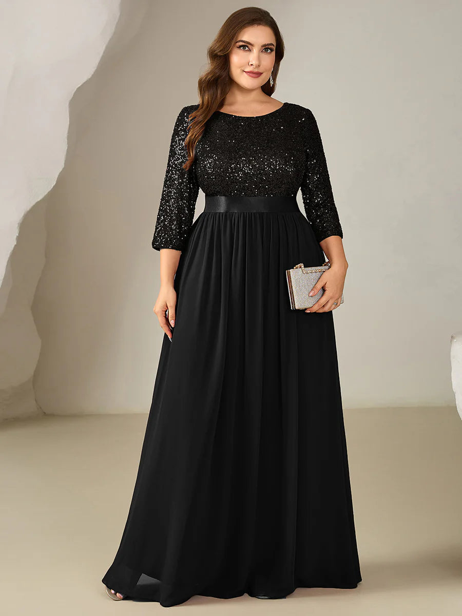 Plus Size 3/4 Sleeve Sequin Patchwork A-Line Floor Length Evening Dresses